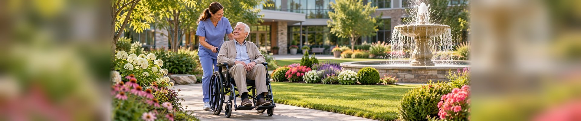Pflegekraft begleitet einen älteren Herrn im Rollstuhl durch einen blühenden Garten